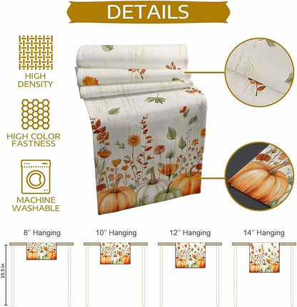 Fall Wildflowers Cotton Linen Table Runner for Dining Kitchen, Thanksgiving Pumpkin Outdoor Party Rustic Tablerunners Decoration, Botanical Floral Vintage Dresser Scarf Tablecloth Runners 13x90 Inches
