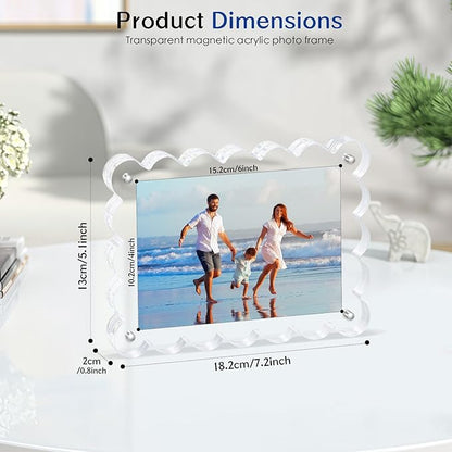 Scalloped Magnetic Picture Frame 4x6 Inch - 2Pack Clear Acrylic Photo Frame, 20mm Thick Double-Sided Magnet Design, Trendy Desktop Display for Home/Office Decor (2 Pack, 4X6)