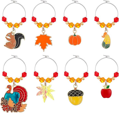 Sasylvia 8 Pieces Thanksgiving Fall Wine Glass Charms Fall Glass Markers Harvest Wine Charms Rings Tags for Stem Glasses Hostess Gifts Party Favors Drink Markers Autumn