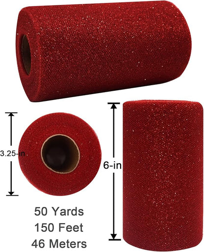 Glitter Tulle Fabric Rolls, 6 Inch 50 Yards (150ft) Sparkling Spool Ribbon Sequin Netting for Tutu Skirt Gift Wrapping Wedding Party Decoration (Red)