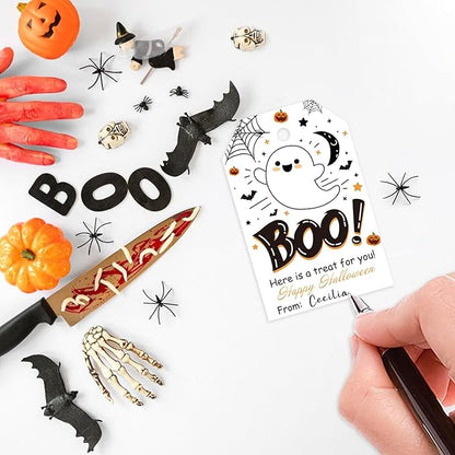 Aukolass 50Pcs Boo Gift Tags, Halloween Treat Tag for Spooky Ghost Party Favor and Gift Wrapping Decoration (Boo)