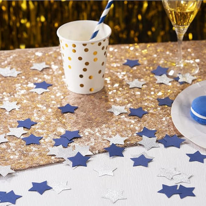 MOWO Blue and Silver Star Confetti Table Decoration for Birthday Graduation Winter Retirement Bachelor Theme Party,1.2 inch in Diameter,200 Counts