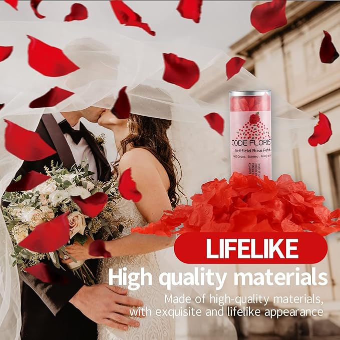 CODE FLORIST 1100 PCS Red Silk Rose Petals for Romantic Night,Wedding,Proposal Anniversary Flower Decorations(Separated,Scented)