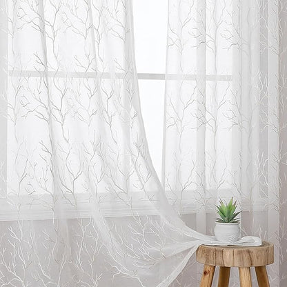 VISIONTEX Sheer Curtains 72 inch Length 2 Panels Set, Decorative Beige Coral Embroidery, Rod Pocket Embroidered Window Drapes for Living Room and Bedroom, 54" x 72"