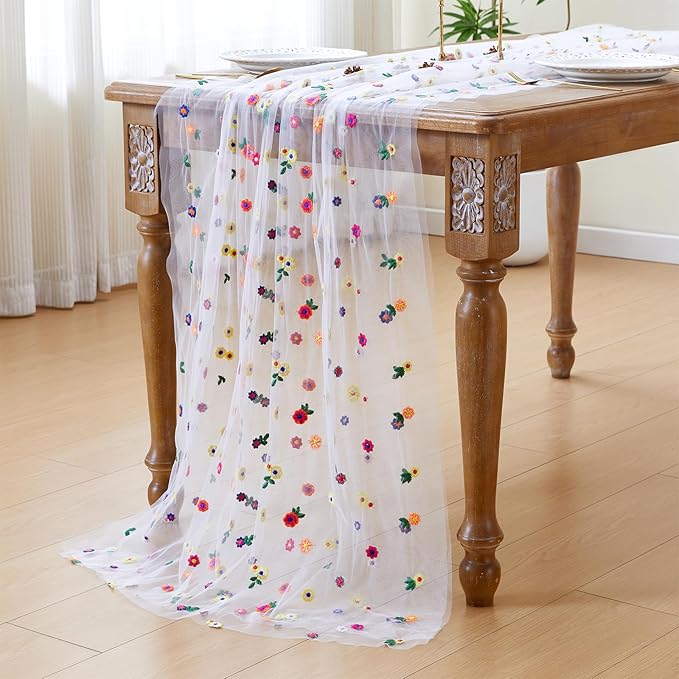 JIALE 3 Pack Ivory Floral Table Runner, Embroidery Daisy Seasonal Table Decorations, 120Inch 10FT Tulle Fabric for Home Decor, Bridal Shower Wedding, Baby Shower Parties, DIY Craft