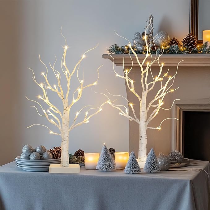 Vanthylit 2 Pcs Lighted Birch Tree Battery Powered Tabletop Tree Decorations for Home Fireplace Party Christmas Decorations (22 Inch)