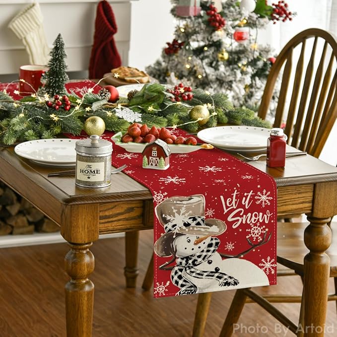Artoid Mode Red Snowman Snowflake Let it Snow Winter Table Runner, Seasonal Christmas Kitchen Dining Table Decoration for Home Party Decor 13x108 Inch