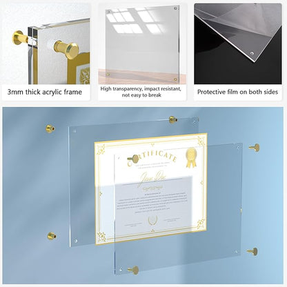 Acrylic Picture Frame for Wall, Clear Diploma Frame, No Drill Floating Frameless Photo Frame for Diploma Certificate Degree Document & Artworks Display, Graduation Gift for Students (2 Pack, 11X14 Straight edge)