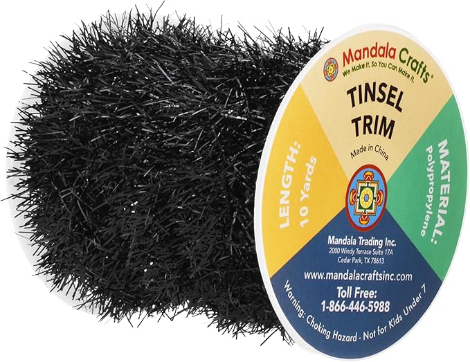 Mandala Crafts Black Tinsel Garland - Thin Metallic Foil Glitter Mini Garland for Christmas Tree, Party, Wedding Decor, and Holiday Decorations