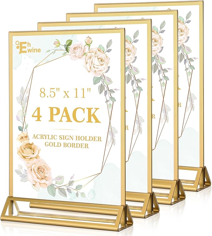 EHWINE 4 Pack Acrylic Sign Holder 8.5 x 11, Double Sided Gold Picture Frame Stand up Table Top Sign Holders, Clear Display Stand Menu Flyer Holder for Wedding Party (Provide Non-slip Mats)