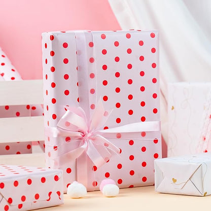 Flyhill Red Polka Dot Wrapping Paper,Reversible Pink Gold Elegant Bow & Heart Gift Wrap Suitable for Birthday,Girls,Baby Shower,Wedding (17 Inch X 32.8 Feet)