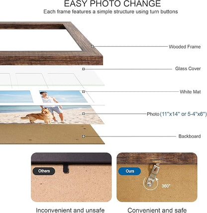 11x14 Picture Frame Set of 2, Rustic Brown Wood Frame with Real Glass Collage Picture Frames, Display Pictures Five 4x6 With Mat or 11 x 14 Without Mat, Photo Frames Wall Gallery