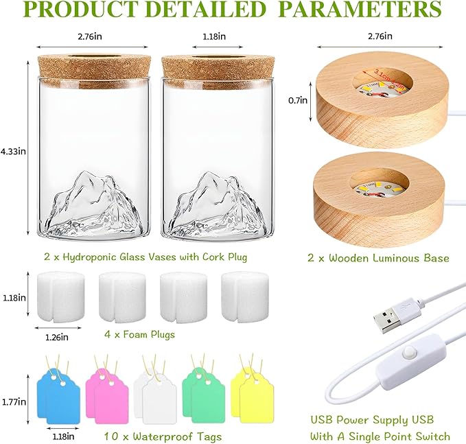 2Pcs Plant Propagation Station with Mountain-Shaped Bottom - Hydroponic Glass Vases, Wooden Base with Lighting, Terrarium Jars for Indoor Growing, Desktop Vivarium, Ideal Gifts for Plant Lovers