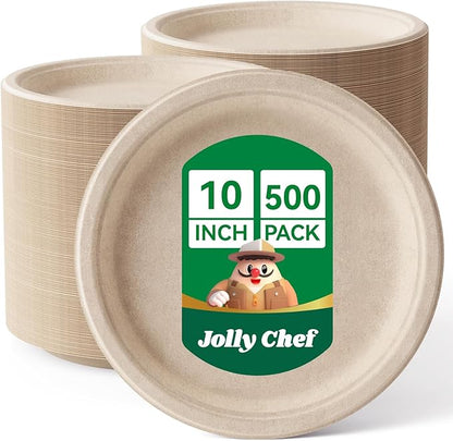 JOLLY CHEF Compostable Heavy Duty Plates 𝟭𝟬 𝗜𝗻𝗰𝗵 [𝟱𝟬𝟬 𝗣𝗮𝗰𝗸] Eco-Friendly Disposable Paper Plates Made of Bagasse Biodegradable Bulk for Party Dinner Sugarcane Fibers Round (Natural)