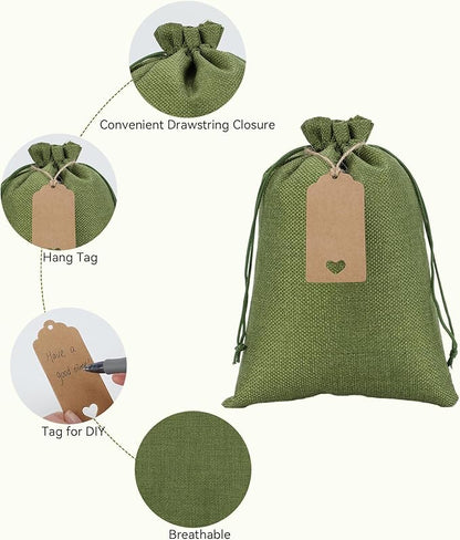 Tapleap Gift Bags - 30Pcs 7x10 Green Burlap Sacks with Tags and String for Wrapping Halloween Gifts, Wooden Cross, For Birthday, Wedding, Party, Church