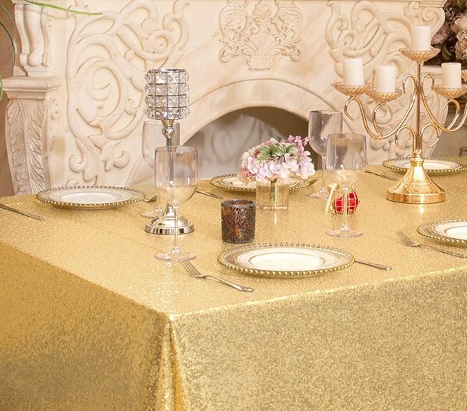 SquarePie Sequin Tablecloth 90 x 156 Inch Gold Sparkly Table Linen for Wedding Party