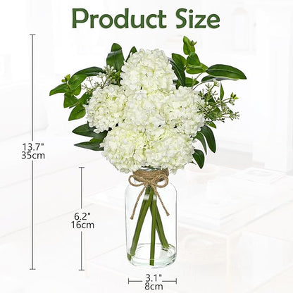 Hollyone White Hydrangea Artificial Flowers in Clear Glass Vase with Faux Water Silk Hydrangeas Fake Flowers Floral Arrangement for Home Bathroom Kitchen Office Table Centerpiece Shelf Decorations