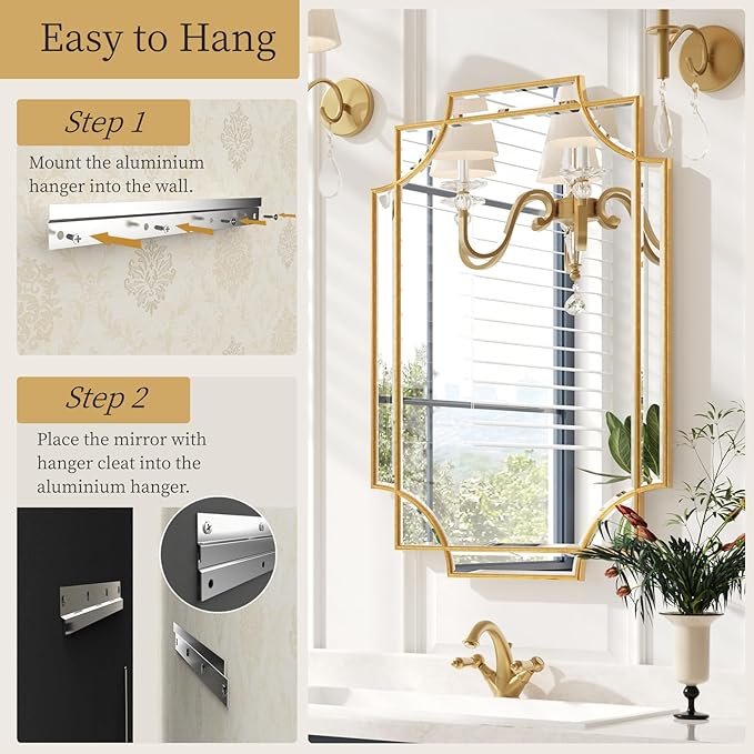 Kelly Miller Gold Bathroom Mirror for Wall, 24"x36" Large Decorative Mirror Gold Wall Mirror Vanity Mirror Beveled Wall Decor for Master Bath Half Bath Living Room Bedroom Fireplace Mantle Entryway
