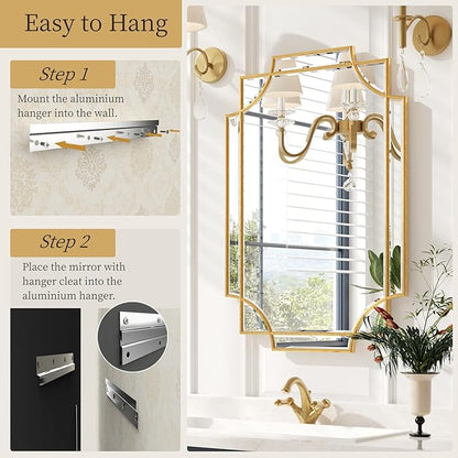 Kelly Miller Gold Bathroom Mirror for Wall, 24"x36" Large Decorative Mirror Gold Wall Mirror Vanity Mirror Beveled Wall Decor for Master Bath Half Bath Living Room Bedroom Fireplace Mantle Entryway