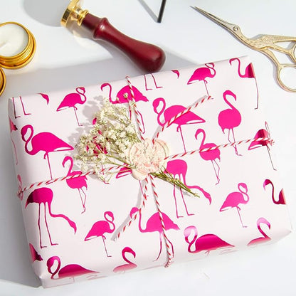 WRAPAHOLIC Wrapping Paper Roll - Mini Roll - 17 Inch X 33 Feet - Pink with Fuschia Foil Flamingo for Wedding, Birthday, Holiday, Baby Shower
