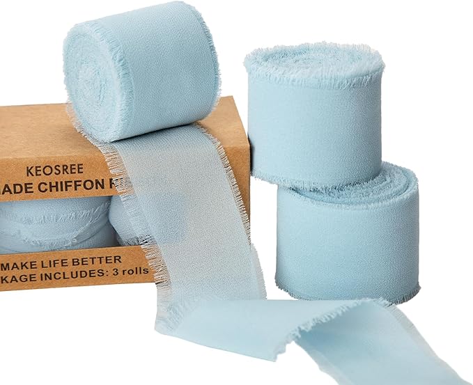 3 Rolls Light Blue Handmade Chiffon Ribbon,1.5" x 21Yd Frayed Fringe Silk Ribbons (3 Rolls *7Yd) for Gifts Wrapping, Wedding Invitations, Bridal Bouquets, Decorations