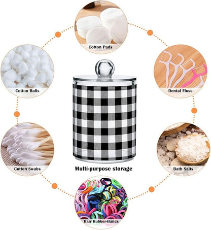 Gredecor Qtip Holder Dispenser 2 Pack Black White Classic Buffalo Plaid Bathroom Decorative Storage Canister Holder Counter Vanity Organizer for Cotton Ball Swabs Pads Floss
