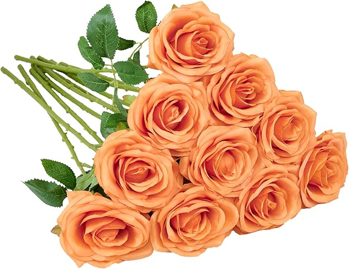 Artificial Rose 10pcs Orange Open Flower Bouquet Faux Rose Stems for Wedding Arrangement, Bridal Bouquet, Centerpiece, Fake Faux Silk Flowers