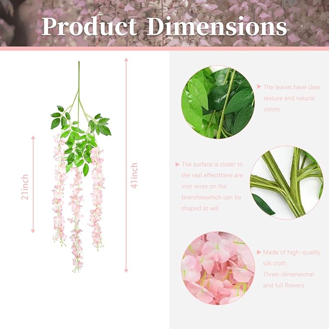 12 Pack Light Pink Wisteria Hanging Flowers, 3.44 Ft Fake Hanging Flowers, Artificial Wisteria Garland Vines for Wedding Room Backdrop Outdoor Patio Garden Decoration