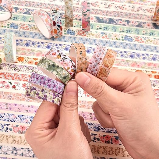 60 Rolls Flowers Theme Washi Tape Set with Different Colorful Patterns, Writable Decorative Tapes for Scrapbooking, Bible Journaling, Bullet Journaling, 0.39'' x 79'' per Roll