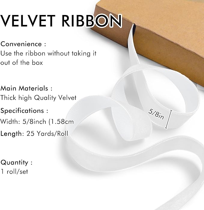 White Velvet Ribbon 5/8'' 25 Yards for Christmas Tree, Gift Wrapping, Flower Bouquet, Wreath Decorations, Bow Making
