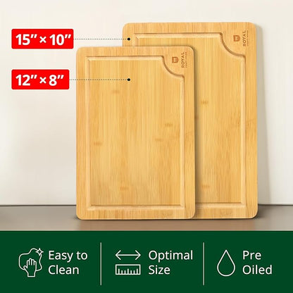 ROYAL CRAFT WOOD Wooden Cutting Boards for Kitchen Meal Prep & Serving - Bamboo Wood Serving Board Set with Deep Juice Groove Side Handles - Charcuterie & Chopping Butcher Block for Meat