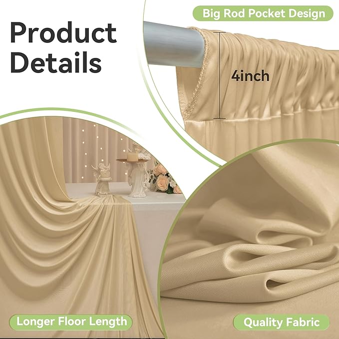 20ftx12ft Wrinkle Free Beige Backdrop Curtain, 4 Panels 12FT Height Beige Wedding Backdrop Drapes, Silky Polyester Back Drop Cloth for Birthday Photography Background Party Backdrop Draping