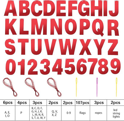 TaoBary 112 Pcs DIY Letter Kit Glitter Customizable Banner Letters Include 107 Letters and Numbers 3 Rope and 2 Needles for Birthday Halloween Christmas Wedding Valentine Party Decor(Bright Red)