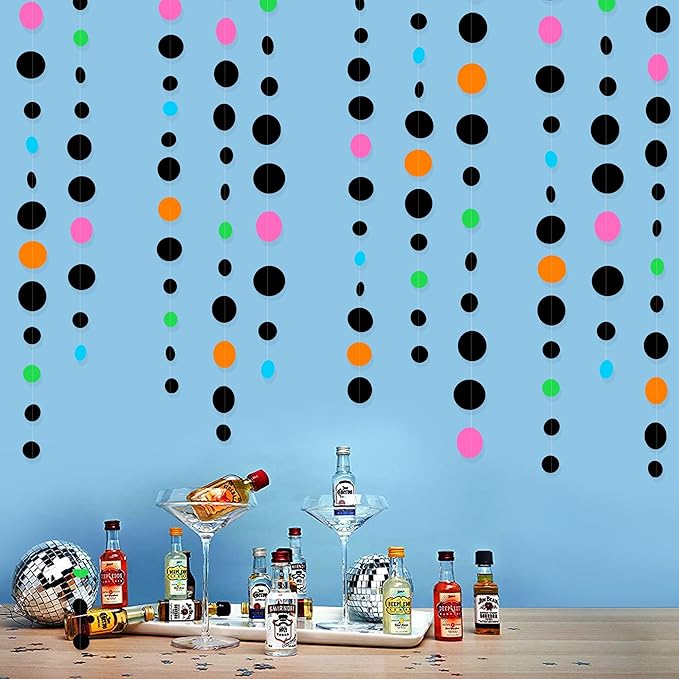Black and Colorful Circle Dots Hanging Paper Streamer Black Multi-Color Polka Dot Banner for Birthday Bachelorette Wedding Baby Shower Fiesta Disco Halloween Party Decorations Supplies