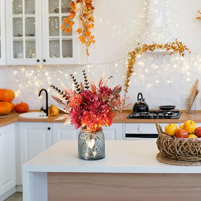 Fake Fall Flowers in Vase,Faux Flowers in Vase,Fall Floral Arrangement,Fall Centerpieces for Tables,Artificial Flowers,Kitchen Decor,Coffee Table Decor