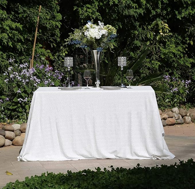 SquarePie Sequin Tablecloth 50 x 72 Inch White Sparkly Table Linen for Wedding Party