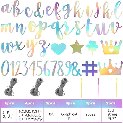 TaoBary 167 Pcs DIY Banner Kit Happy Birthday Glitter Banner Customizable Glitter Make Your Own Kit 162 Letters Symbols and Numbers 3 Rope for Birthday Halloween Wedding Christmas(Holographic)