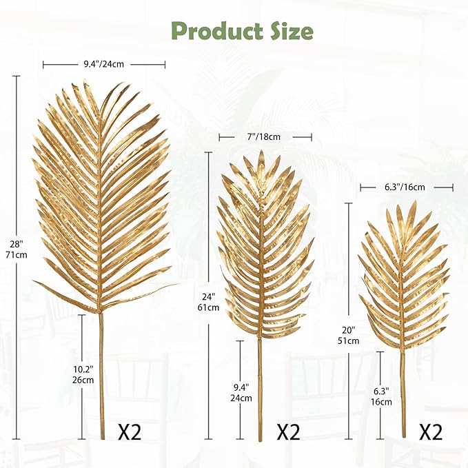 DILATATA Large Faux Gold Palm Leaves – Artificial Tropical Areca Palm Fronds for Floral Arrangements, Party Centerpieces, Home & Event Decor