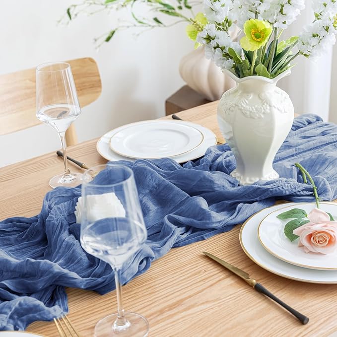 Asee'm 3pcs Cheesecloth Table Runner 120 Inches Long Blue Boho Gauze Cheese Cloth Runner 10FT Rustic Sheer Table Runners for Christmas Wedding Party Baby Shower Spring Easter Decoration