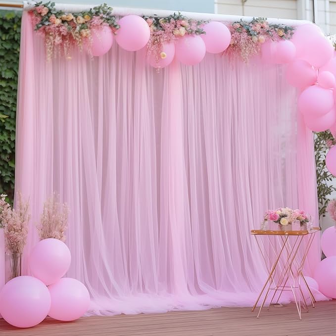 20x10 Pink Tulle Backdrop Curtains for Parties, Sheer Backdrop Curtain Wedding Photo Background Drapes for Baby Shower Photography Birthday Party