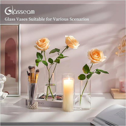 Glasseam Glass Cylinder Vase in Bulk: 12pcs Clear Small Bud Flower Vases for Centerpieces - Modern Hurricane Pillar or Floating Candle Holder for Wedding Party Table Living Room Home Decor, Tall 6"+7"