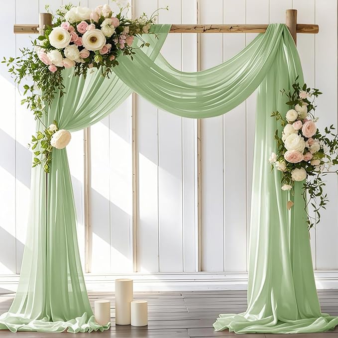 Wedding Arch Draping Fabric 2 Panels 30'' x 18FT Sage Green Sheer Chiffon Arch Drapery for Photo Booth Bridal Shower Baby Shower Church Decor Newborn Photography Christening Outdoor Party