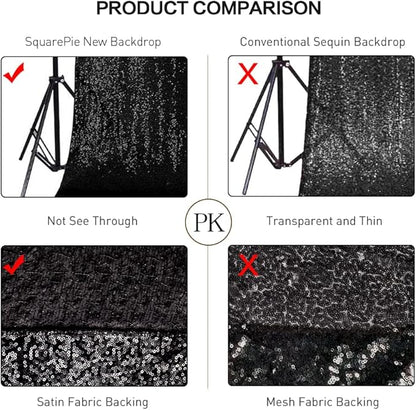 SquarePie Sequin Backdrop Curtain 8FT x 10FT Black Satin Backing Fabric Photography Background for Wedding Patry 4FT x 10FT 2 Panels