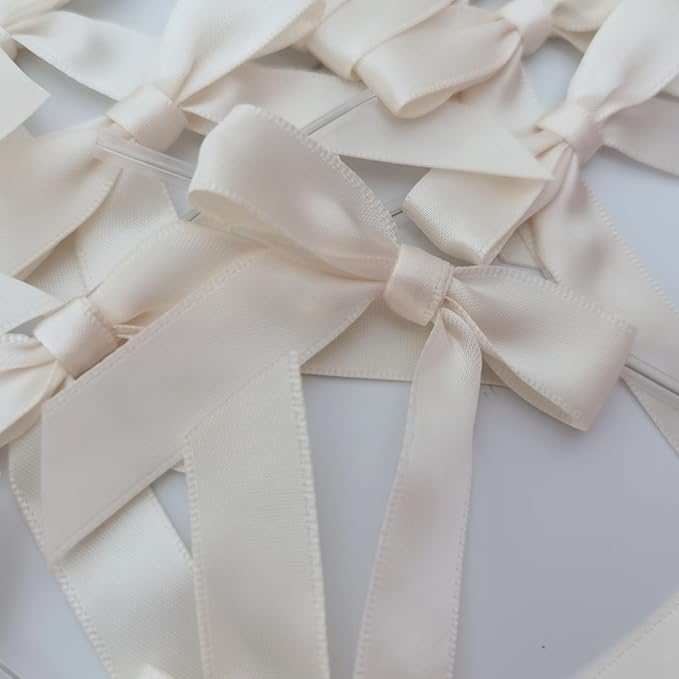50pcs 2-1/2" Mini Satin Ribbon Bows with Twist Ties for Crafts Gift Wrapping Packing Christmas Decoration (2.5"-Ivory)