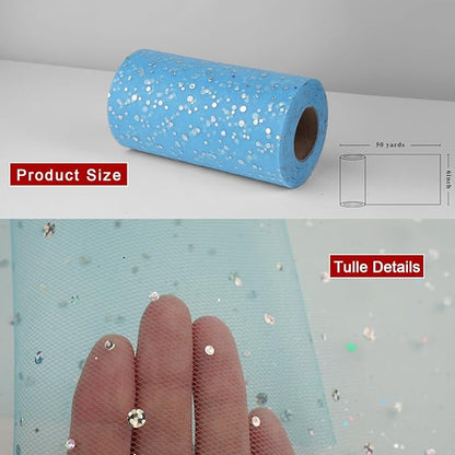 Glitter Tulle Rolls, 6” by 50 Yards (150FT) Sequin Tule Netting Fabric Tulle for Tutu Skirts Sewing Birthday Wedding Party Decoration (Light Blue)