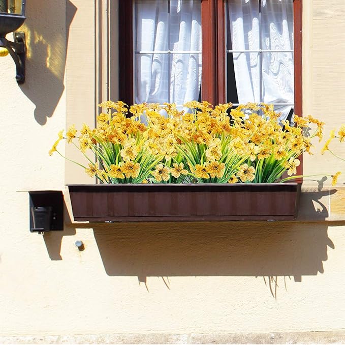 12 Bundles Artificial Flowers Outdoor UV Resistant Flowers No Fade Faux Plastic Plants Garden Porch Window Box Decorating (Yellow)