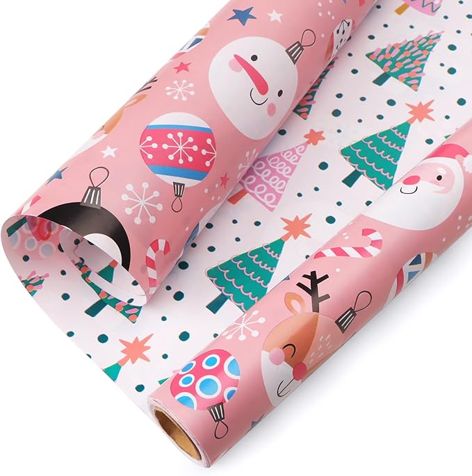 Ribbli Pink Christmas Wrapping Paper Reversible Cute Christmas elements Gift Wrapping Paper Rolls for Kids Holiday Presents Decoration-17 Inch x 33 Feet