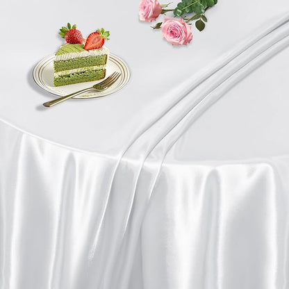 KKJIAF 1 Pack Round Table Cloths 90 Inch, White Overlay Round Satin Table Cover, Silky Satin Dining Tablecloths for Wedding Buffet Parties Banquet Decoration