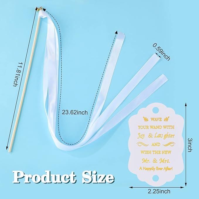 Junkin 100 Pcs Wedding Wands Streamers with Bells Set, 50 White Wedding Send Off Ribbon Streamers Sticks and 50 Favor Tags for Bridal Baby Shower Anniversary Holiday Send Off Party Activities Favors
