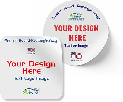 Avgrafx 110 Round or Square Custom Personalized Stickers Labels Vinyl Waterproof Dishwasher Safe, Made USA, Any Text or Image (4x4 Inches)